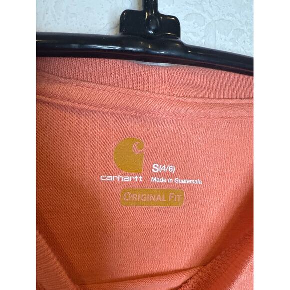 Carhartt Salmon & Yellow Crew Neck Logo T-Shirt Short Sleeve EUC Sz Sm Cotton - Picture 4 of 8
